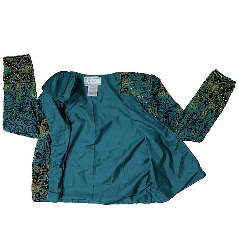 Vintage Silk Adrianna Papell Evening Dinner Jacket Beaded Turquoise Teal SM - Picture 10 of 16